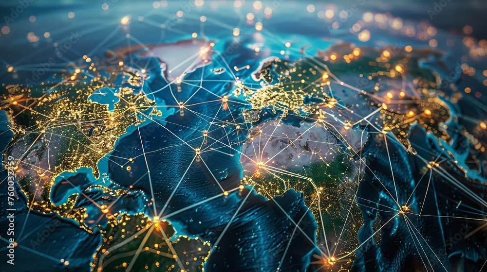 Aufkleber Manager who plans the distribution of goods worldwide on a virtual screen. Distribution network map. Global online ordering. Fast or instant shipping.