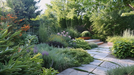 Obraz premium Modern and luxury bright garden with beautiful plants and trees
