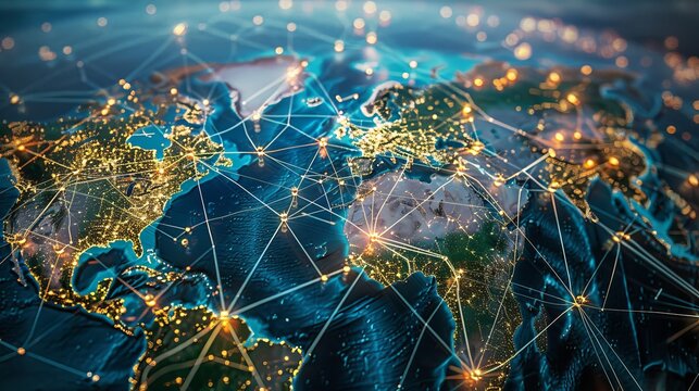 Manager who plans the distribution of goods worldwide on a virtual screen. Distribution network map. Global online ordering. Fast or instant shipping.