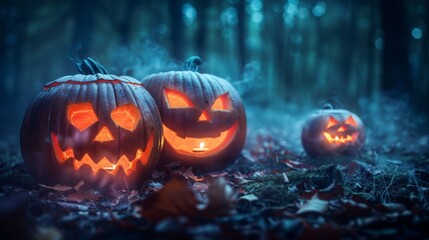 'Jack O' Lanterns' In Spooky Forest By Moonlight - Halloween