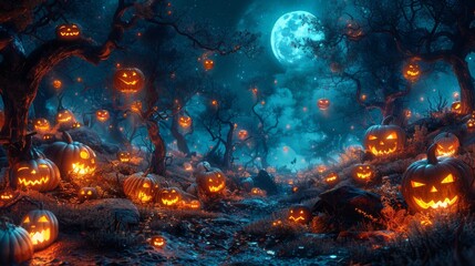 Fototapeta na wymiar The Jack O' Lanterns in the Spooky Forest at Midnight - Halloween
