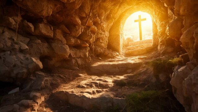 Divine Rebirth: Empty Tomb and Radiant Cross. Generative ai
