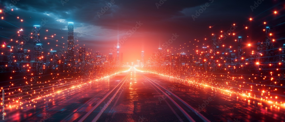 Aufkleber an abstract polygon pattern connecting a smart city with a speed line light and big data connection 