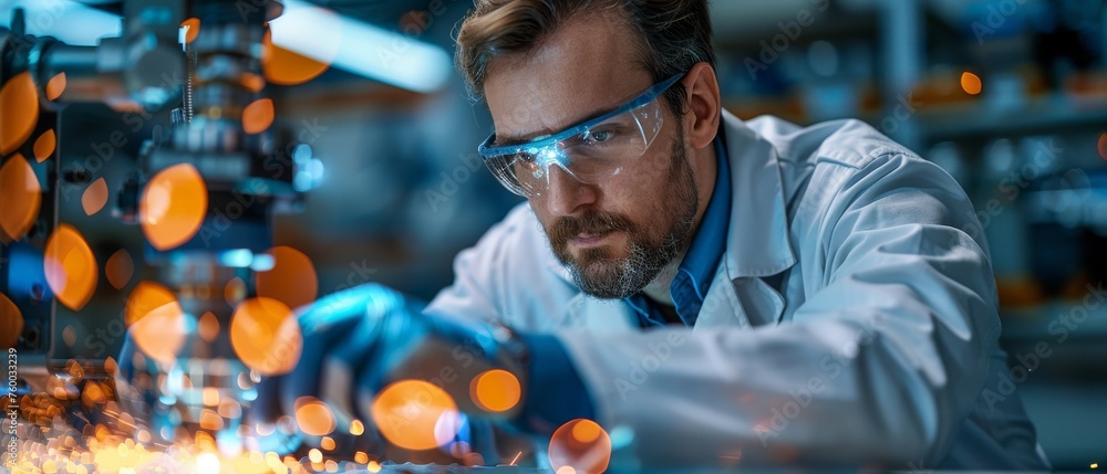 Poster Manager engineer monitors and controls automation robot arms machines in intelligent factories. Welding robotics and digital manufacturing operations.