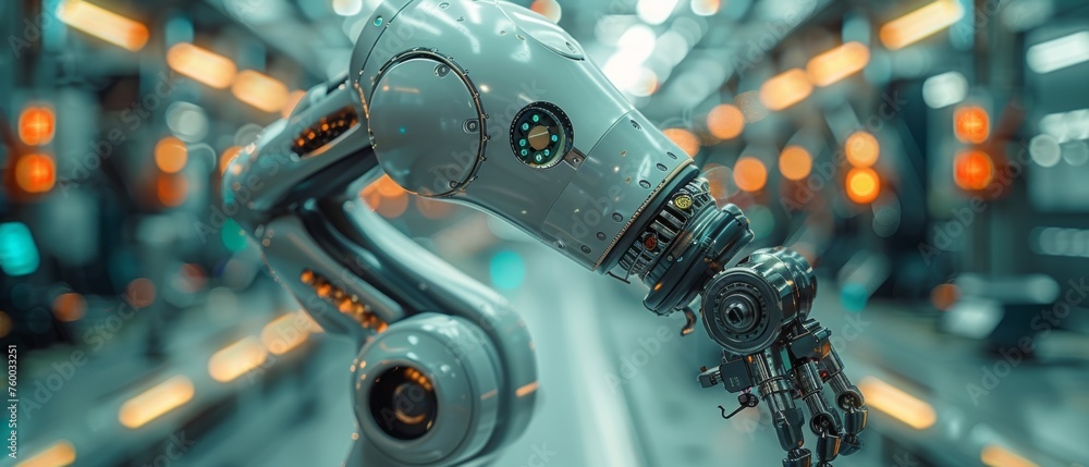 Aufkleber Manager engineer checks and controls robot arms in intelligent factory industrial on real-time monitoring software. Welding robotics and digital manufacturing.