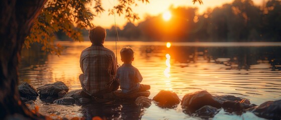 Picture of father and son sitting together on rocks fishing with rods in calm lake waters. They are both wearing checkered shirts. - obrazy, fototapety, plakaty