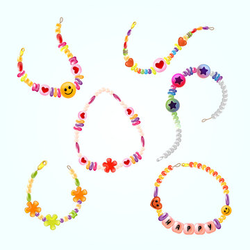 Realistic bracelet set with isolated images of colorful love beads with string snaps