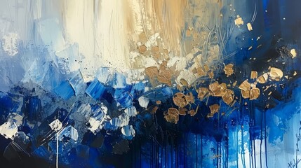 An abstract oil painting. A stylish modern wall painting using paint blobs, strokes, and knives.