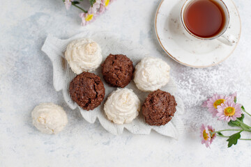 Delicious homemade meringue cookies with coconut flakes.