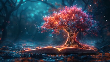 Digital illustration of knowledge of books in a futuristic style. The tree symbolizes the environment or laws from a book. - obrazy, fototapety, plakaty