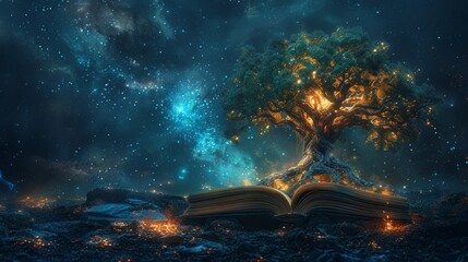 Digital futuristic concept of knowledge of books as a tree with the concept of laws and environment. Modern illustration on the dark night background with light neon. - obrazy, fototapety, plakaty