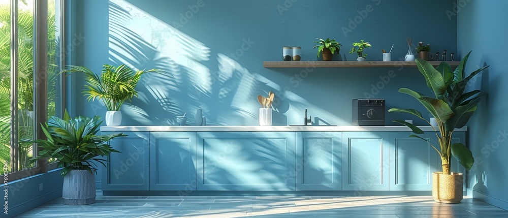 Poster 3d rendering of a kitchen with a blue island. white countertops and utensils. bright, open kitchen w