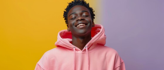Happy African American teen wearing pink hoodie having fun on light purple background. Smiling ethnic generation z teenager dancing and moving around.