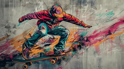  man in a cap on a skateboard graffiti style on a gray wall © Taia
