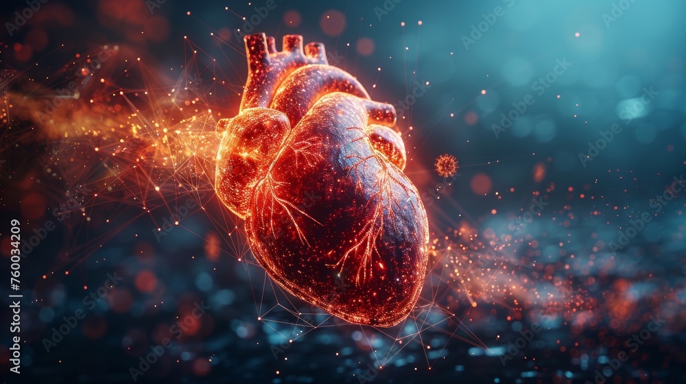 Aufkleber virus attacking a red human heart behind a futuristic guard shield. healthcare medical concept. low 