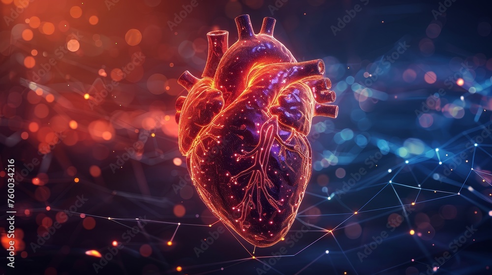 Poster An abstract red human heart sits behind a blue futuristic shield. Heart healthcare medical concept. Low poly style. Geometric background. Wireframe connection structure. 3D graphic in modern format.