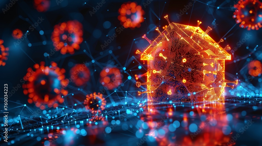 Aufkleber a modern 3d graphic modern of an abstract house icon behind a blue futuristic guard shield attacking