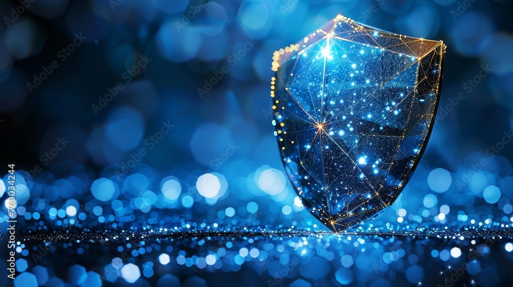 Poster a geometric shield on a blue background. a futuristic bubble shield in an abstract glowing style. te