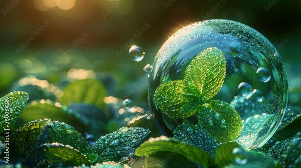 Poster flow of fresh and mint bubbles. shield dome with bubbles of menthol leaf. bubble force field for fre