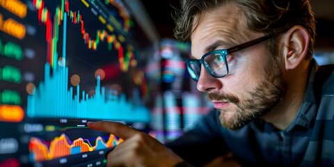 Expert examining charts for investment decisions analyzing stock market trends. Concept Stock Market Trends, Investment Strategies, Financial Analysis, Expert Recommendations