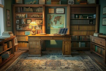 A cozy study room filled with Earth Day inspiration, where traditional and eco-friendly designs merge.