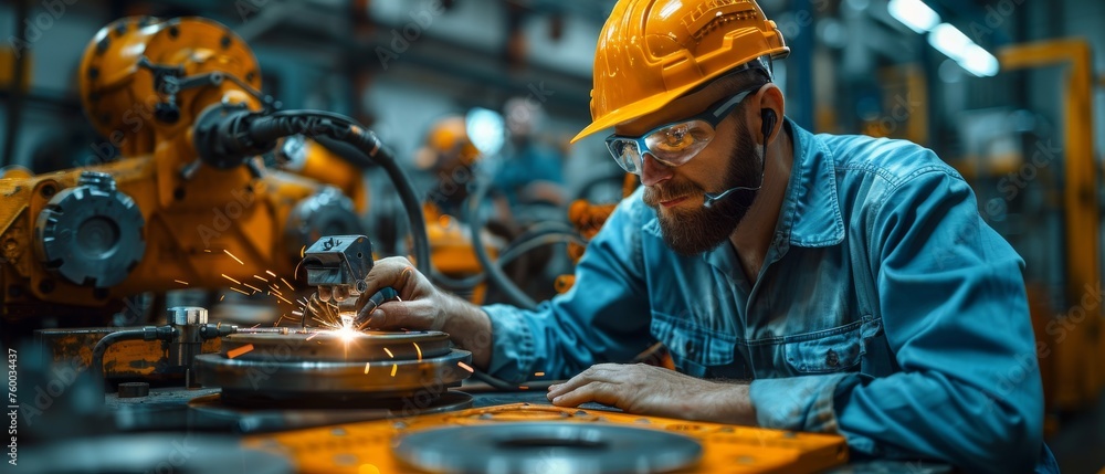 Poster Welding robotics and digital manufacturing operation supervision and control by manager engineer of robot arms machine in intelligent factory industrial.