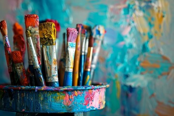 Obraz premium Art creativity multicolored tools. Drawing colors palette with paintbrushes for craft artwork. Generate ai