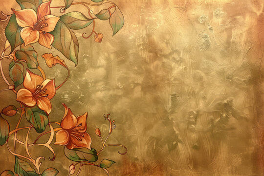 golden art nouveau background with blooming flowers and vintage texture, copy space for text