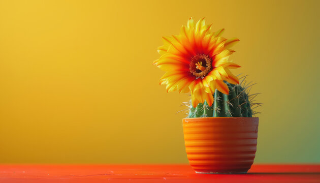 single cactus with yellow blossom in terracotta pot on red and yellow gradient background