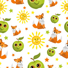 Fototapeta premium Seamless pattern with foxes, apple and sun
