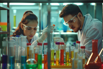 Young scientist chemists are working in a laboratory with many colourful tubes and instruments
 - obrazy, fototapety, plakaty