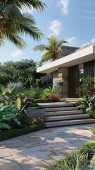 Modern and luxury bright garden with beautiful plants and trees