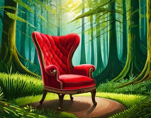 Close up red armchair in the middle of the forest - 760036403