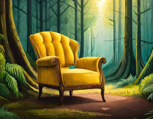 Close up yellow armchair in the middle of the forest - 760036426