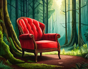 Close up red armchair in the middle of the forest - 760036430