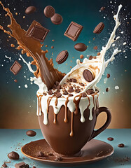 Chocolate splash in cappuccino with milk drops flying - 760036486