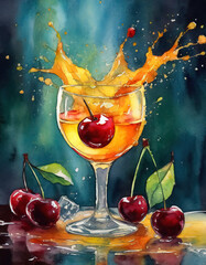 Splash of a cherry in a glass of yellow aperitif - 760036497