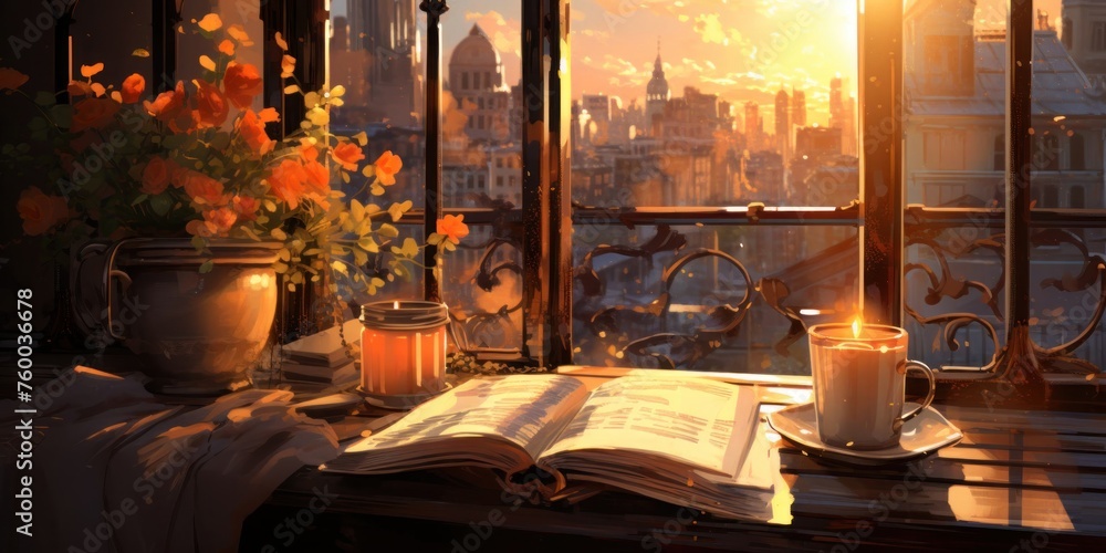 Poster table with book and candle generative ai