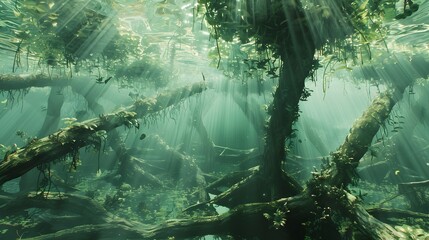 Sunlight Piercing Through an Abandoned Underwater Jungle Forest - obrazy, fototapety, plakaty