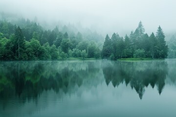 Ein ruhiger, leerer See mit Bäumen ringsherum im Morgennebel, sanfte Grüntöne, stimmungsvolle Atmosphäre - obrazy, fototapety, plakaty