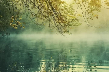 Poster Ein ruhiger, leerer See mit Bäumen ringsherum im Morgennebel, sanfte Grüntöne, stimmungsvolle Atmosphäre © MONO