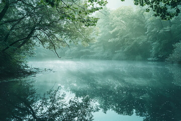 Ein ruhiger, leerer See mit Bäumen ringsherum im Morgennebel, sanfte Grüntöne, stimmungsvolle Atmosphäre - obrazy, fototapety, plakaty