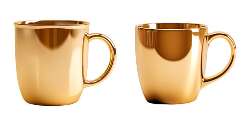 Set of realistic golden cups, mugs. Isolated