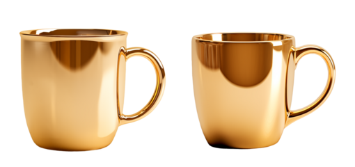 Set of realistic golden cups, mugs. Isolated