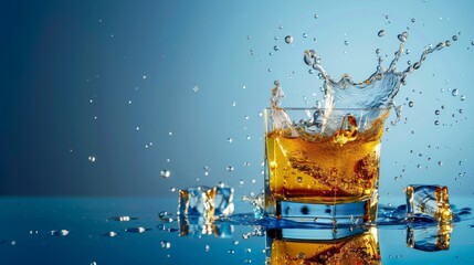 Glass of splashing whiskey or other alcohol with ice cube 