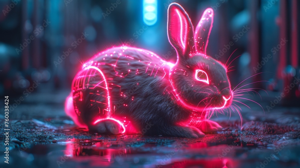 Aufkleber A neon bunny with computer board ears in a futuristic style. Holiday greeting card with a futuristic style.