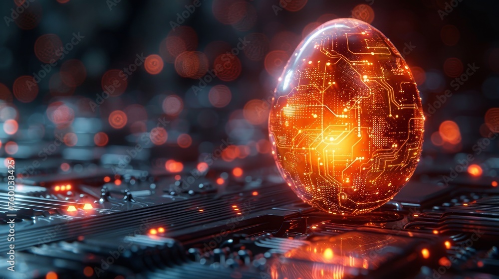 Poster Greeting card with abstract 3D egg with circuit board texture in tech futuristic style. Glowing digital modern illustration.