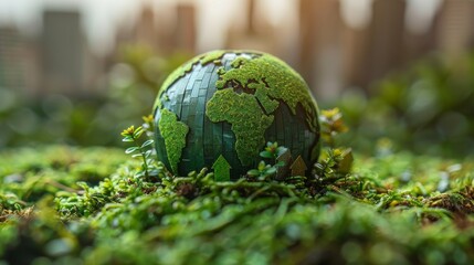 Eco-friendly planet. Three-dimensional globe, made of green grass and branches with a hand-drawn cartoon cityscape sketch and houses with solar panels. Electricity concept that utilizes renewable