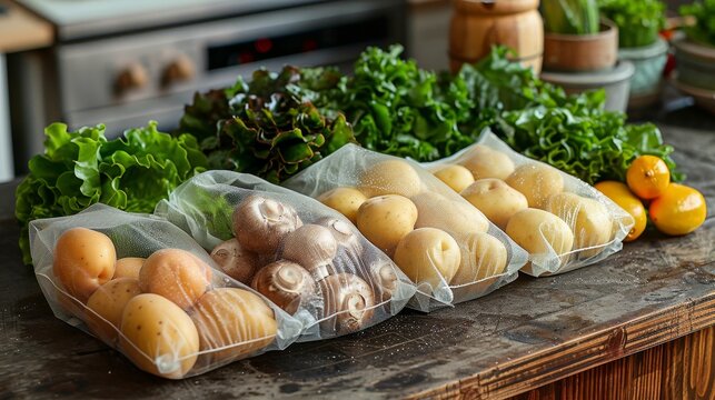 In the kitchen are fresh vegetables packaged in eco cotton bags. Lettuce, corn, potatoes, apricots, bananas, rucola, mushrooms are from the market. The concept of zero waste shopping has been