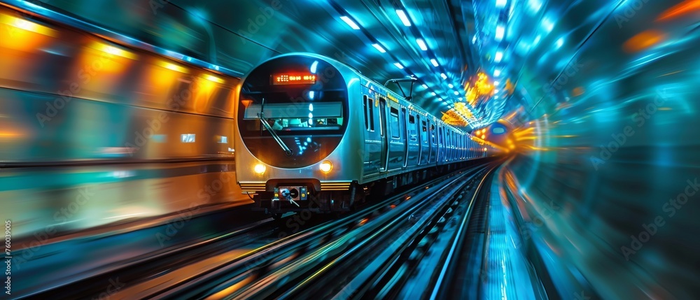 Poster Train moving through future rail tunnel bridge with blurred motion showing rapid movement over green background.